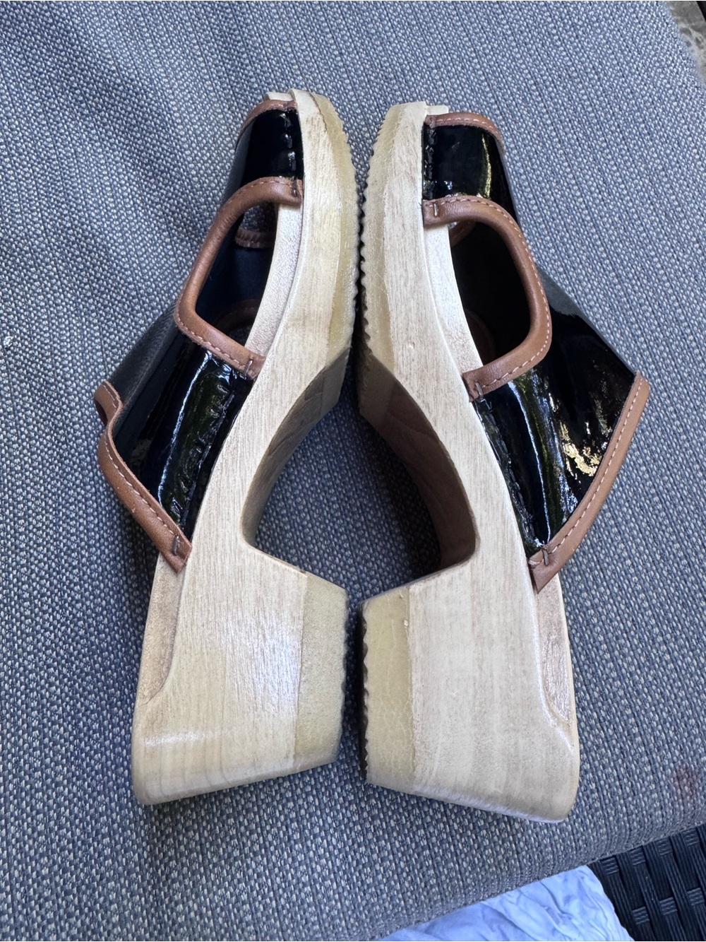 No. 6 Black Patent Slide Mules with Brown Trim - Picture 3 of 3